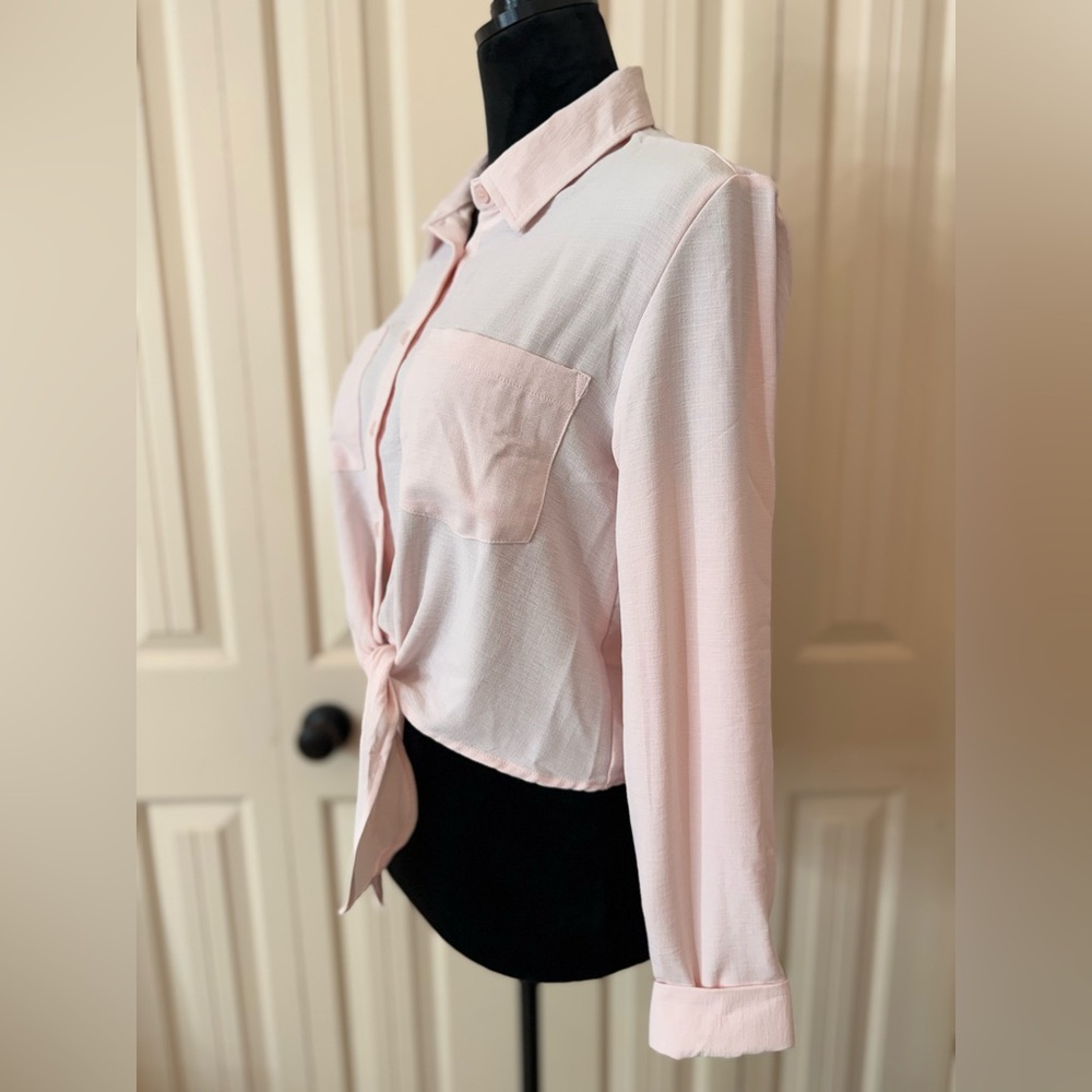 Women's Pink Button-Up Tie Front Top